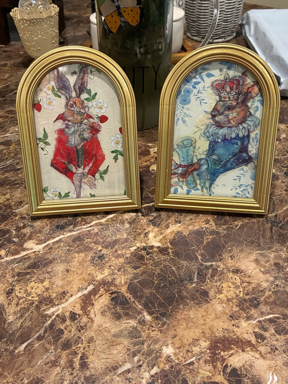 Whimsical Rabbit Royal Portraits in Gold Arch Frames